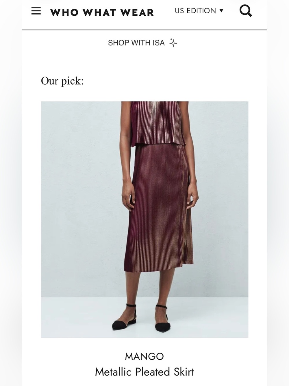 Mango Metallic Pleated Midi Skirt in Wine